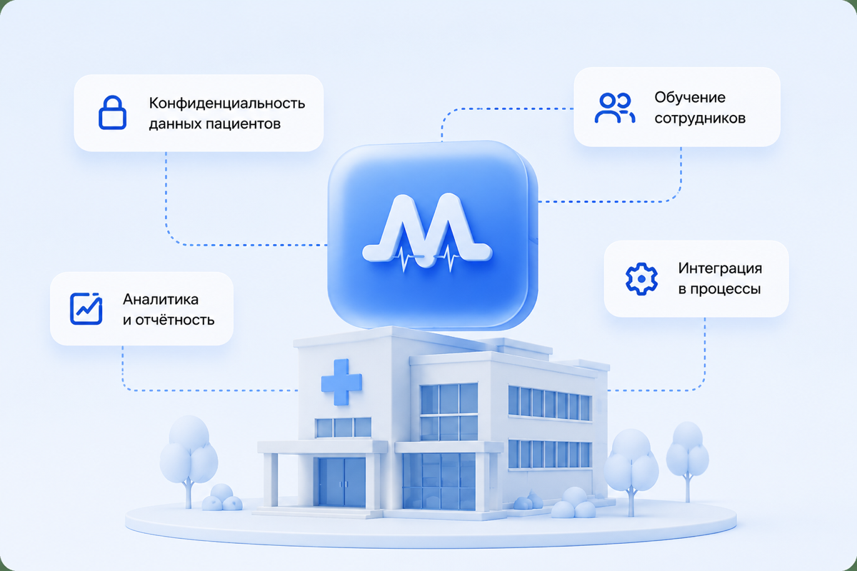 3D-иллюстрация здания медицинской клиники с логотипом ИИ-ассистента «Мария Медицина»: конфиденциальность данных пациентов, обучение сотрудников, аналитика и отчётность, интеграция в процессы организации